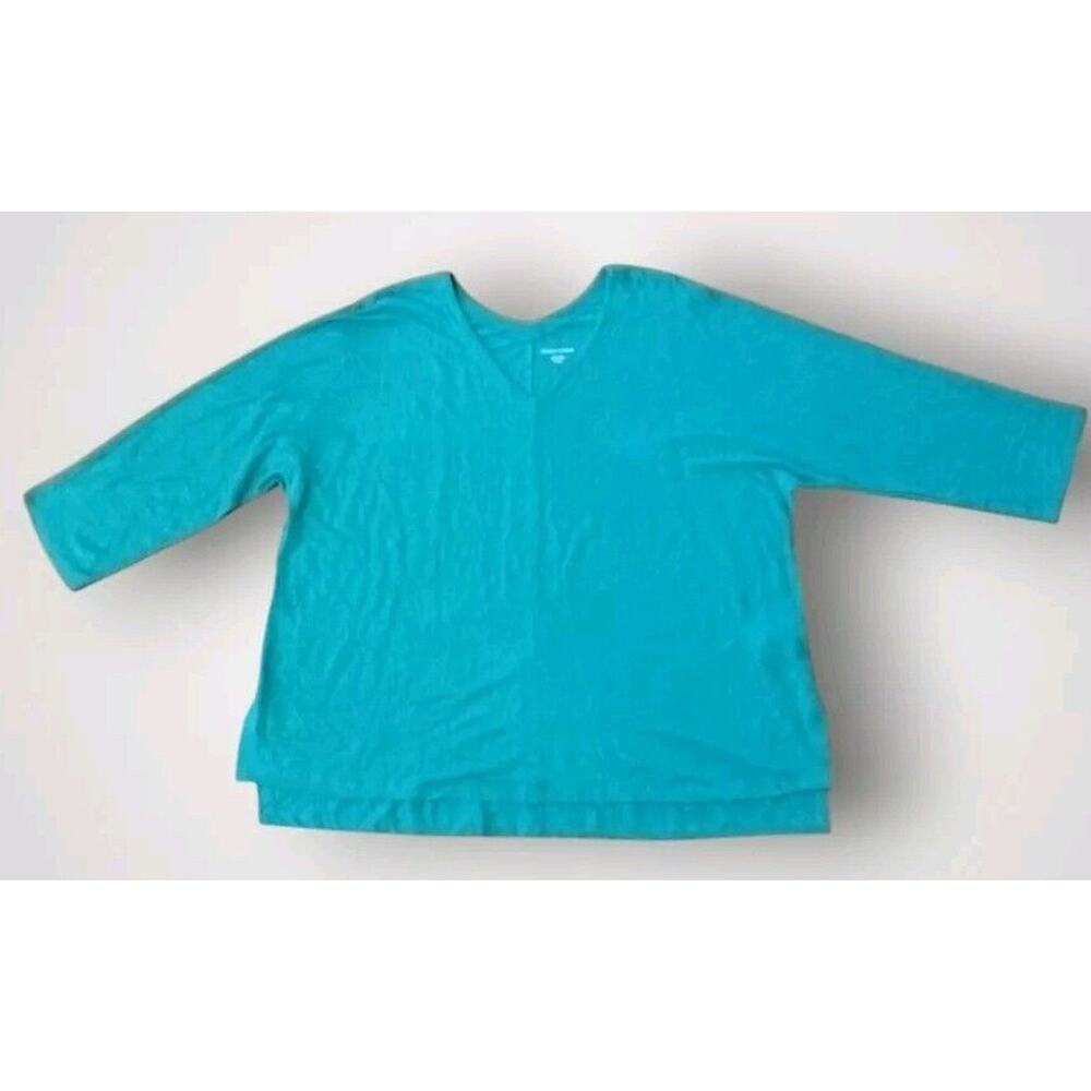 Eileen Fisher 100% Organic Linen 3/4 Sleeve V-Neck Blouse Teal Size XL